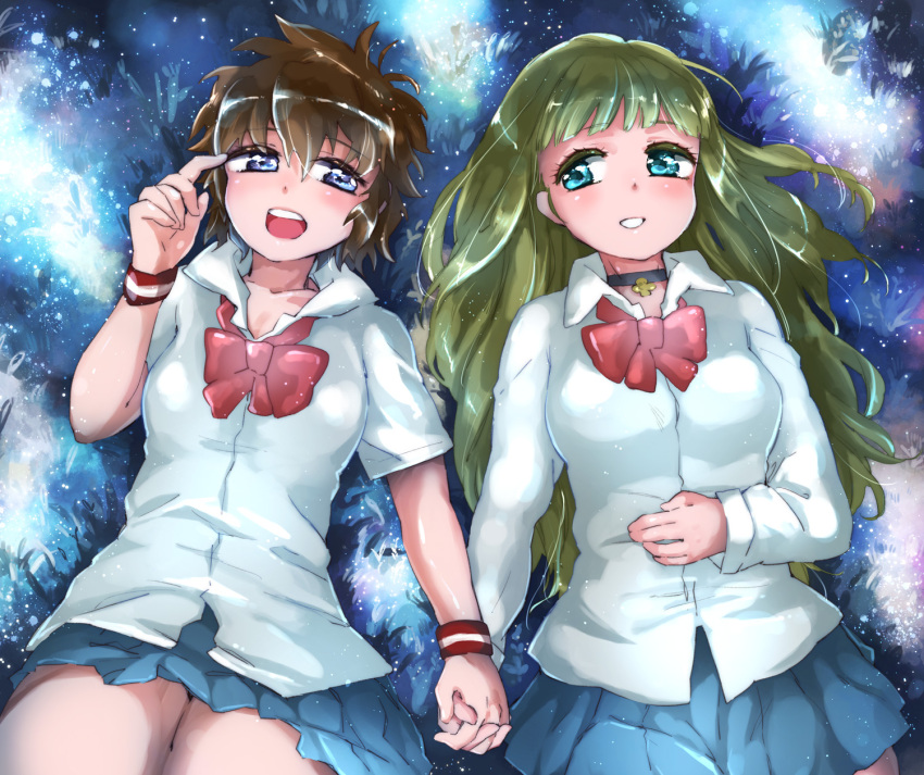 2girls bad_id bad_pixiv_id blue_eyes blush bow bowtie brown_hair choker couple eye_contact green_eyes green_hair hair_down hand_on_own_stomach highres holding_hands interlocked_fingers jenny_dolittle long_hair long_sleeves looking_at_another lying lynn_lambretta miniskirt_pirates multiple_girls mutou_mato on_back open_mouth pleated_skirt school_uniform short_hair short_sleeves skirt smile sweatband yuri