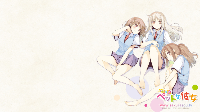 3girls aoyama_nanami barefoot brown_hair highres kamiigusa_misaki lying mizoguchi_keiji multiple_girls official_art official_wallpaper ponytail sakura-sou_no_pet_na_kanojo school_uniform shiina_mashiro skirt smile sweater_vest