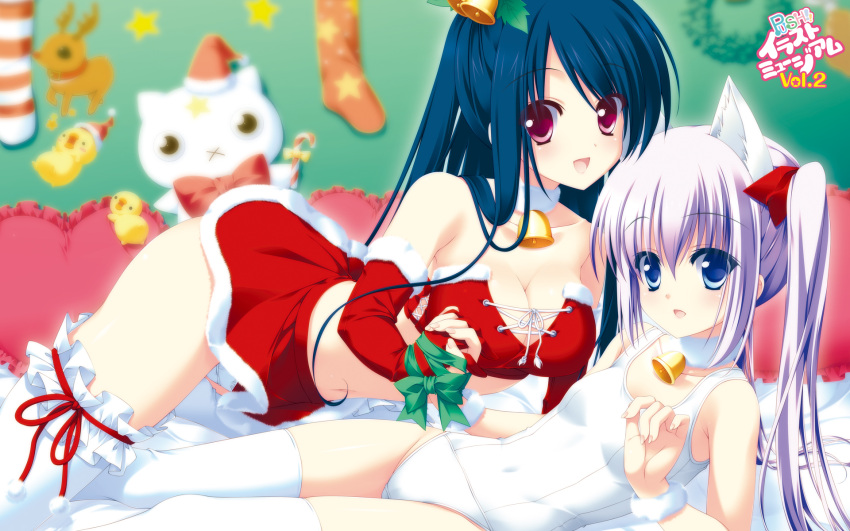 2girls animal_ears bare_shoulders bell blue_eyes blue_hair blurry breasts cat_ears cleavage depth_of_field elbow_gloves frilled_legwear gloves hair_bell hair_ornament hatori_piyoko highres holding_hands interlocked_fingers jingle_bell kusunoki_yao large_breasts light_purple_hair long_hair looking_at_viewer midriff multiple_girls navel old_school_swimsuit one-piece_swimsuit panties red_eyes red_gloves ribbon school_swimsuit skirt smile strawberry_nauts swimsuit thighhighs twintails underwear white_legwear white_one-piece_swimsuit white_panties yatsuka_itsuki