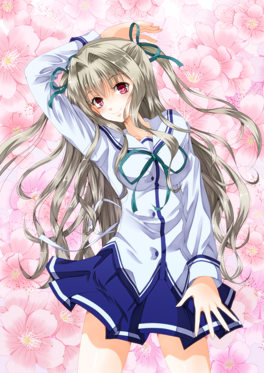 amayofuu arm_up commentary_request da_capo da_capo_iii female flower hair_ribbon highres long_hair red_eyes ribbon school_uniform silver_hair skirt smile solo two_side_up yoshino_charles