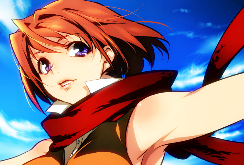 armpits bare_shoulders brown_hair commentary_request female highres lips my-hime orange_hair photoshop_(medium) red_scarf scarf short_hair solo tamachi_kuwa tokiha_mai upper_body