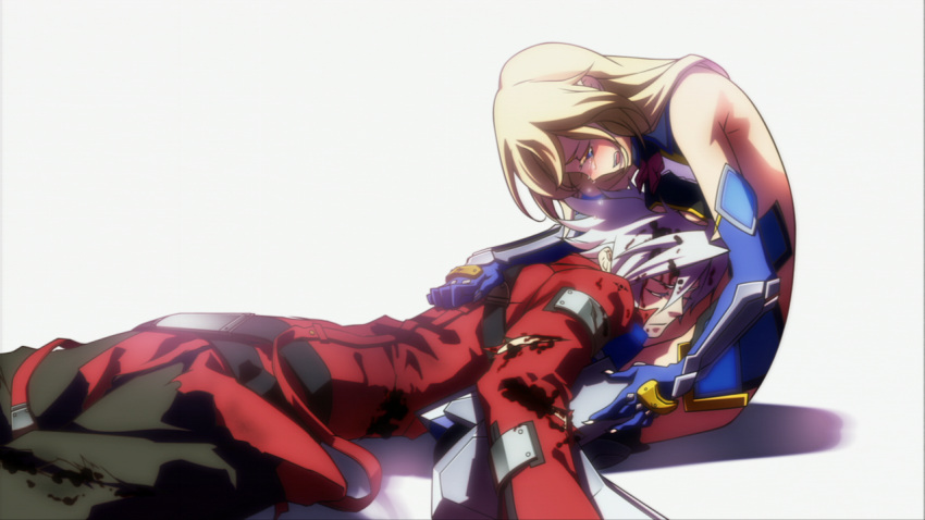 1boy bare_shoulders black_pants blazblue blonde_hair blood closed_eyes crying elbow_gloves female game_cg gloves injury jacket long_hair lying_on_person mu-12 noel_vermillion official_art pants ragna_the_bloodedge spiked_hair tears torn_clothes white_hair