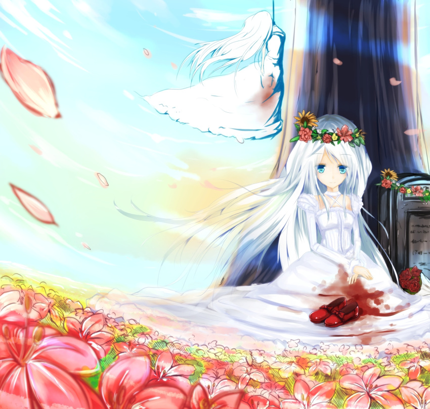 2girls bad_id bad_pixiv_id blood blue_eyes bouquet cafe_au_lait_(kafeore) dress flower hanged highres long_hair long_sleeves multiple_girls original petals puffy_sleeves rose shoes smile tombstone tree very_long_hair white_dress white_hair