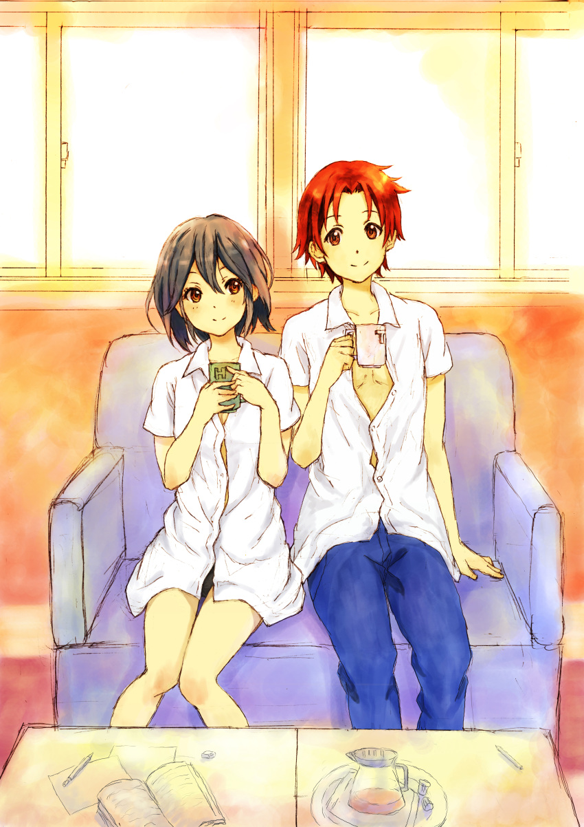 1boy absurdres black_hair brown_eyes brown_hair cocoroten coffee commentary couch couple cup dress_shirt female hair_between_eyes highres inaba_himeko indoors kokoro_connect letter looking_at_another no_pants open_clothes open_shirt panties pen photoshop_(medium) shirt sitting straight table underwear window yaegashi_taichi