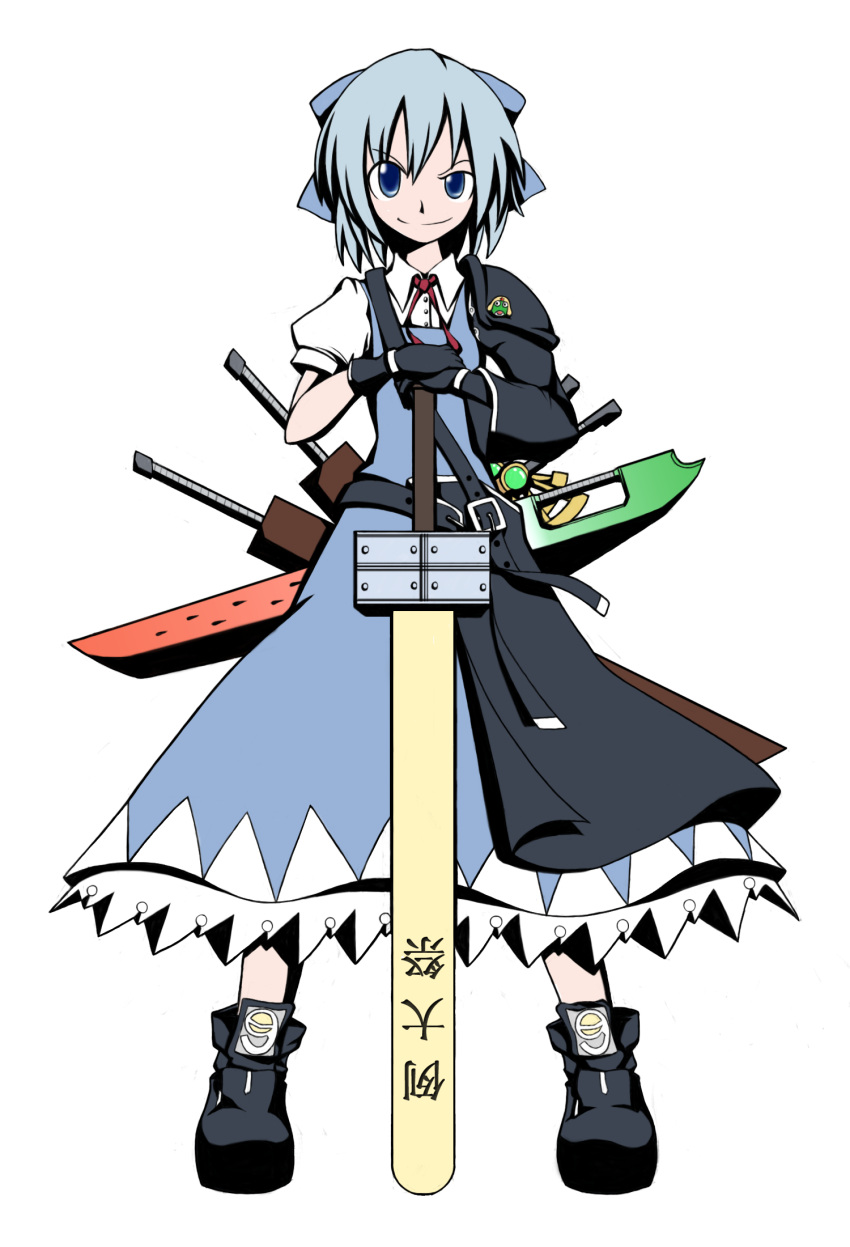 adapted_costume advent_cirno bad_id bad_pixiv_id blue_eyes blue_hair bow cameo cirno commentary_request female full_body gloves hairbow hands_on_hilt highres keroro_gunsou long_sleeves puffy_sleeves raised_eyebrow short_hair short_sleeves smirk solo standing straight-on sword t_tsubasa touhou transparent_background weapon