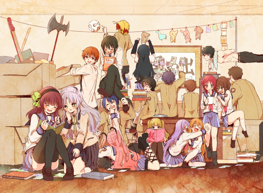 6+boys 6+girls angel_beats! axe ball battle_axe black_hair black_legwear blonde_hair blue_hair book box brown_hair bulletin_board closed_eyes clothesline commentary_request demon_tail everyone exercising fujimaki_(angel_beats!) grey_hair guitar hinata_hideki hisako_(angel_beats!) instrument irie_miyuki iwasawa_masami kono_sanorou matsushita_(angel_beats!) multiple_boys multiple_girls nakamura_yuri naoi_ayato noda_(angel_beats!) ooyama_(angel_beats!) open_mouth orange_hair otonashi_yuzuru pantyhose photo_(object) purple_hair reading school_uniform sekine_shiori serafuku shiina_(angel_beats!) shinda_sekai_sensen_uniform sleeves_rolled_up soccer_ball stuffed_animal stuffed_toy tachibana_kanade tail takamatsu_(angel_beats!) takeyama_(angel_beats!) teamgeist thighhighs tk_(angel_beats!) two_side_up weapon white_legwear yellow_eyes yui_(angel_beats!) yusa_(angel_beats!)