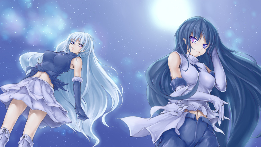 2girls black_hair breasts character_request commentary_request copyright_request cross die_blonde_bestie floating_hair fur gloves heterochromia highres layered_skirt long_hair looking_at_viewer medium_breasts midriff milky_way moon moonlight multiple_girls navel night night_sky pointy_ears purple_skirt silver_hair skirt sky standing star_(sky) star_(symbol) symbol-shaped_pupils very_long_hair wind