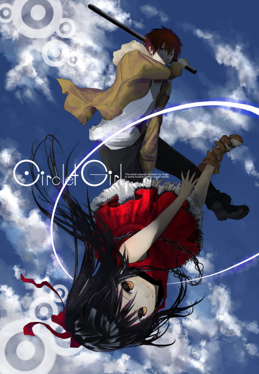 1boy absurdres black_hair chains character_request chef_no_kimagure_salad circlet_girl cloud commentary_request cover cover_page dress female flying hair_ribbon highres karasugi_maisel lace orange_eyes petticoat red_hair ribbon skirt sky smile strap upside-down