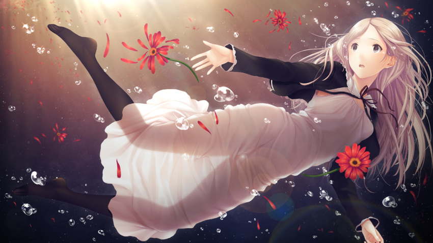 bad_id bad_pixiv_id black_eyes black_pantyhose blonde_hair f-cla feet female flower gerbera lens_flare long_hair no_shoes original pantyhose photoshop_(medium) see-through_silhouette solo tears toes