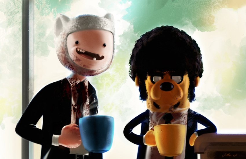 1boy adventure_time afro animal_ears blood blood_stain canine carlos_villa coffee_mug commentary_request cosplay crossover cup finn_the_human formal highres jake_the_dog jules_winnfield jules_winnfield_(cosplay) male_focus missing_tooth mug necktie open_mouth parody photoshop_(medium) pulp_fiction smile suit vincent_vega vincent_vega_(cosplay)