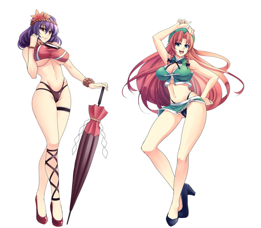 2girls adapted_costume alternate_costume arm_up bare_legs bikini black_panties blue_eyes braid breasts cleavage closed_umbrella commentary_request crop_top crossed_legs hand_on_own_hip hat headband high_heels highleg highleg_bikini highleg_swimsuit hong_meiling huge_breasts kinntarou large_breasts leg_ribbon long_hair midriff multiple_girls navel panties photoshop_(medium) planted planted_umbrella purple_hair race_queen red_eyes red_hair ribbon shoes short_hair simple_background smile swimsuit touhou twin_braids umbrella underboob underwear very_long_hair watson_cross white_background yasaka_kanako