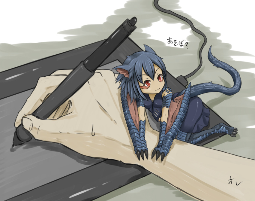 animal_ears blue_hair claws commentary_request dragon_girl dragon_tail dragon_wings drawing_tablet dress female hair_between_eyes hitokuirou mini_person minigirl monster_girl monster_hunter_(series) nargacuga personification red_eyes scales short_hair sitting stylus tail translated wariza wings