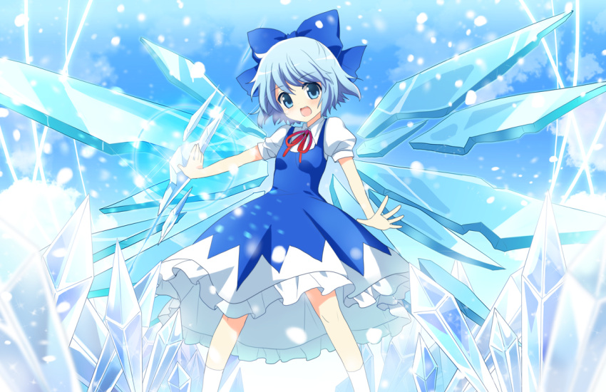 blue_bow blue_dress blue_eyes blue_hair blush bow cirno commentary_request dress female hairbow ice ice_wings kurot open_mouth short_hair short_sleeves smile solo touhou wings