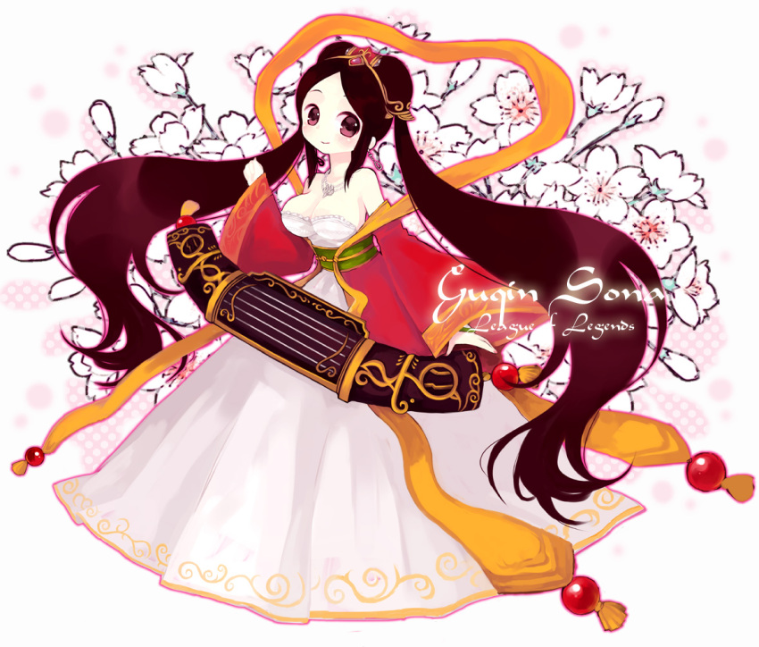 alternate_costume alternate_hair_color bare_shoulders breasts brown_hair character_name chinese_clothes cleavage commentary detached_sleeves dress earrings female guqin_sona hagoromo hanfu instrument jewelry konatsu_miyu large_breasts league_of_legends long_hair long_sleeves necklace off_shoulder shawl smile solo sona_(league_of_legends) twintails white_dress wide_sleeves