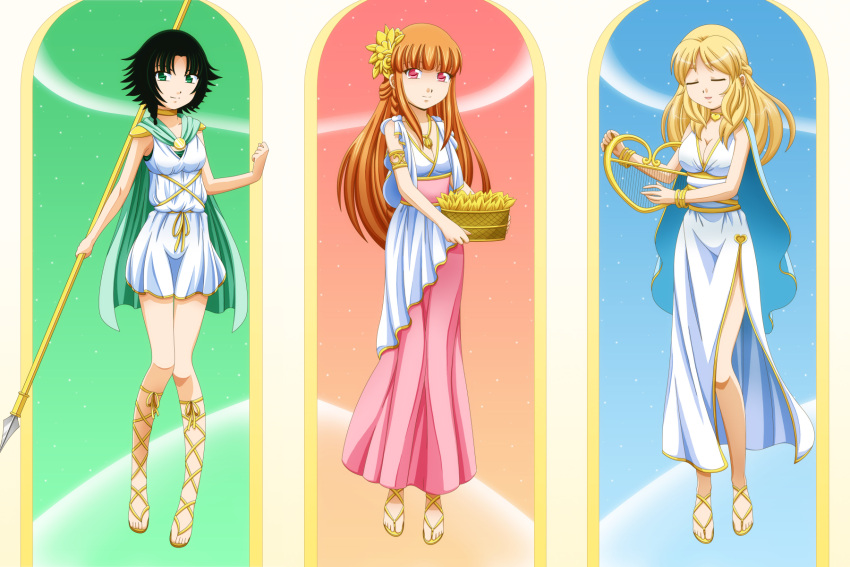 3girls aged_up alternate_costume aphrodite_(mythology) ares_(mythology) athena_(mythology) bare_arms basket blonde_hair blossom_(ppg) breasts bubbles_(ppg) buttercup_(ppg) cleavage closed_eyes commentary_request commission cross-laced_clothes cross-laced_sandals dress full_body gold_trim greek_mythology green_eyes green_hair harp highres instrument jewelry large_breasts light_smile lineup long_hair looking_at_viewer multiple_girls music neck_ring orange_hair pink_eyes playing_instrument polearm powerpuff_girls sandals short_hair siblings side_slit sisters skinny small_breasts spear toes triptych_(art) tunic very_long_hair weapon white_dress xenokurisu