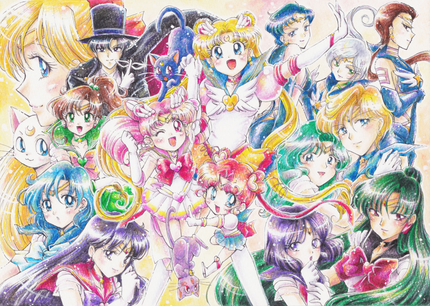 1boy 6+girls aino_minako artemis_(sailor_moon) back_bow bishoujo_senshi_sailor_moon bishoujo_senshi_sailor_moon_stars bishoujo_senshi_sailor_moon_supers black_choker blue_choker blue_sailor_collar bow brooch chiba_mamoru chibi_chibi chibi_usa choker commentary_request cone_hair_bun crescent crescent_facial_mark diana_(sailor_moon) eternal_sailor_moon everyone facial_mark feline green_choker green_sailor_collar hair_bun half_updo heart heart_brooch heart_choker heart_hair_bun hino_rei jewelry kaiou_michiru kino_makoto luna_(sailor_moon) magical_girl meiou_setsuna mizuno_ami multiple_girls pink_bow pink_sailor_collar purple_sailor_collar red_bow red_choker red_sailor_collar sailor_chibi_chibi sailor_chibi_moon sailor_collar sailor_jupiter sailor_mars sailor_mercury sailor_moon sailor_neptune sailor_pluto sailor_saturn sailor_senshi_uniform sailor_star_fighter sailor_star_healer sailor_star_maker sailor_uranus sailor_venus seiya_kou short_hair single_hair_bun star_(symbol) star_choker super_sailor_chibi_moon taiki_kou ten'ou_haruka tomo_(rocket_start!) tomoe_hotaru tsukino_usagi tuxedo_kamen upside-down very_short_hair wing_brooch yaten_kou