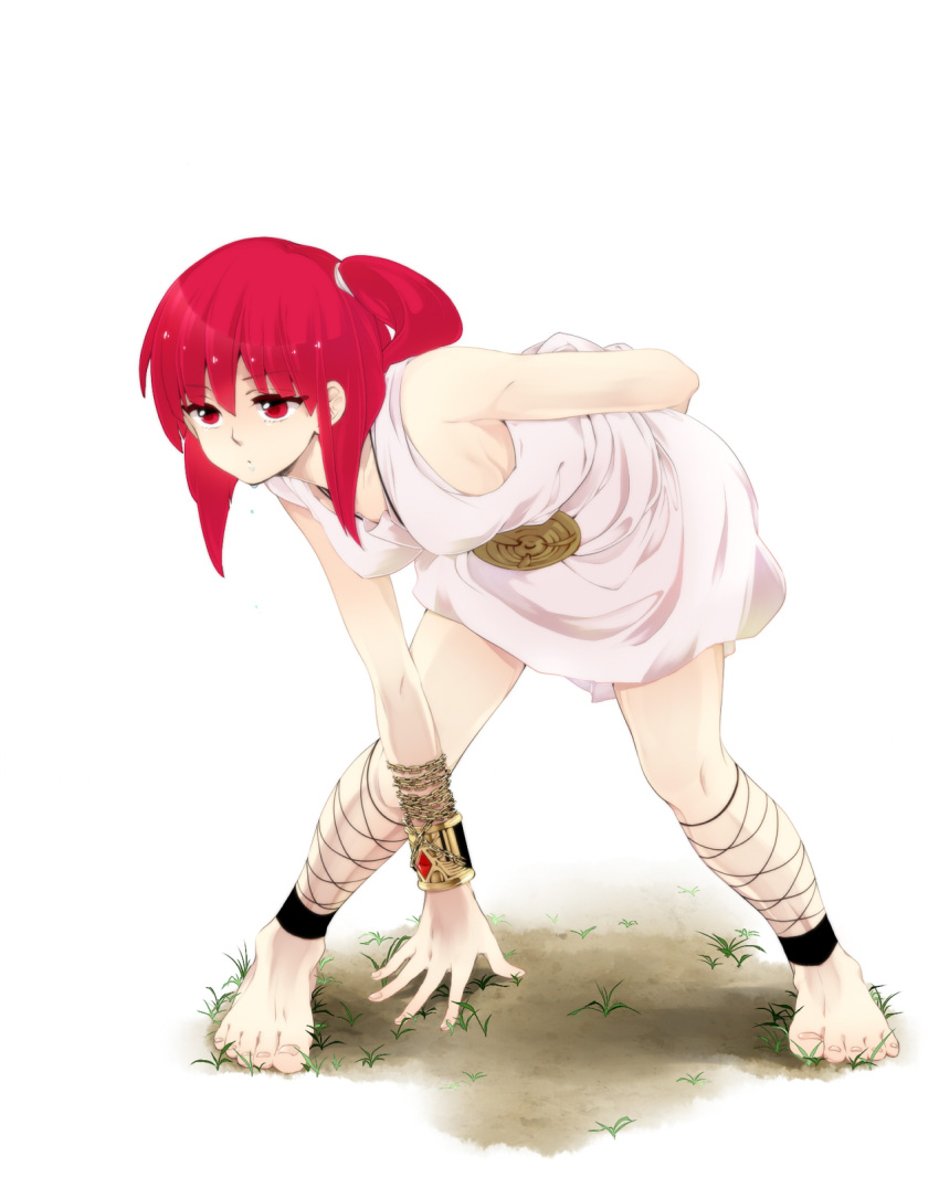 ankle_lace-up arm_behind_back barefoot bent_over bracelet breasts chains commentary_request cross-laced_footwear cuffs dirt drooling feet female grass highres jewelry leaning_forward legs magi_the_labyrinth_of_magic medium_breasts morgiana necklace one_side_up red_eyes red_hair sideboob skirt solo sweat tsubo white_skirt