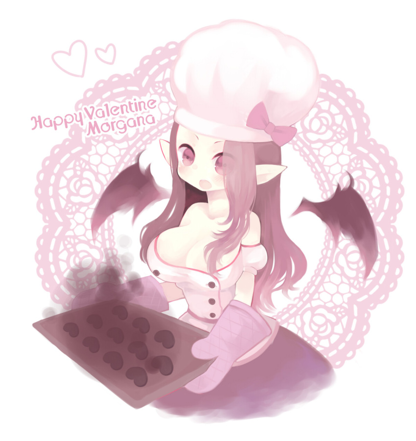 alternate_costume blush breasts cleavage commentary cookie detached_sleeves female food hat highres konatsu_miyu large_breasts league_of_legends long_hair morgana_(league_of_legends) open_mouth pointy_ears puffy_sleeves purple_eyes purple_hair shirt short_sleeves sinful_succulence_morgana skirt solo valentine white_hat white_shirt wings