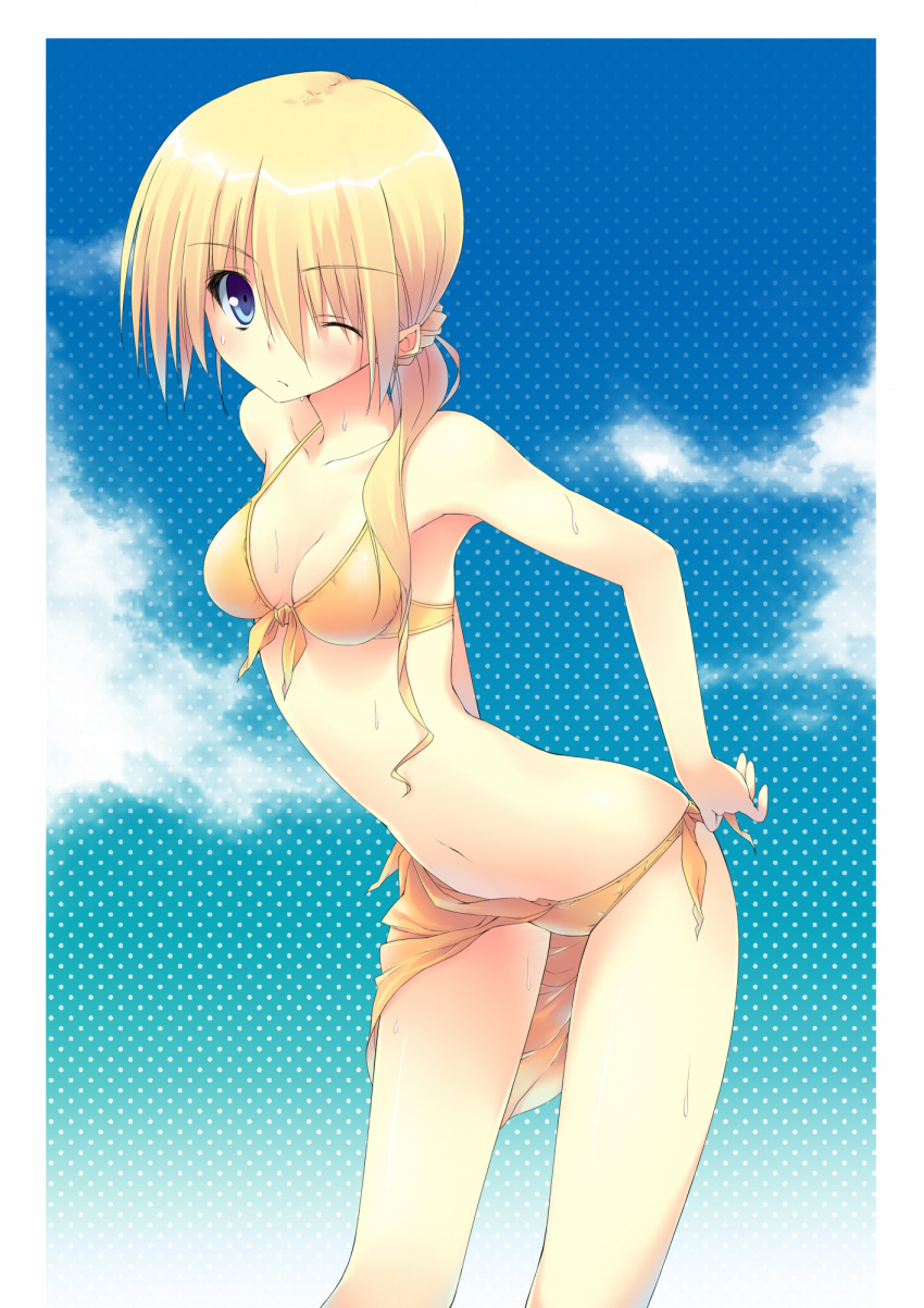 arched_back armpits bikini blonde_hair blue_eyes border breasts cleavage commentary_request female highres ite_fuji leaning_forward long_hair medium_breasts navel one_eye_closed original polka_dot polka_dot_background sarong skinny solo swimsuit wet yellow_sarong