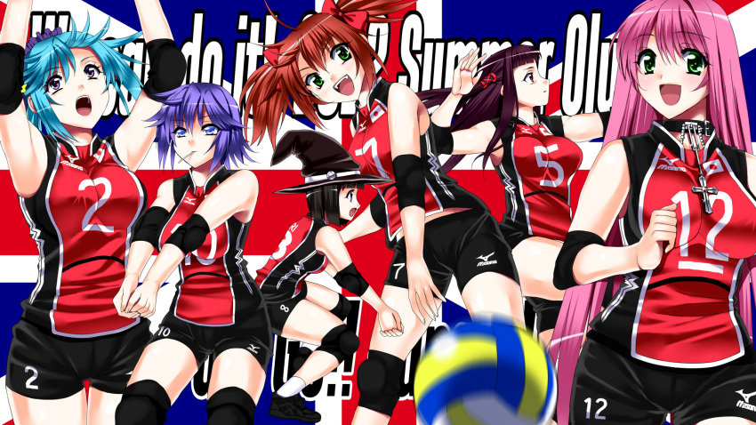 2012_summer_olympics 6+girls :d :o akashiya_moka bad_id bad_pixiv_id black_hair blue_eyes blue_hair blush bow breasts brown_hair candy choker collar cross elbow_pads english_text fangs food green_eyes hair_ribbon hairbow hat highres japanese_flag knee_pads kurono_kurumu large_breasts lollipop long_hair multiple_girls olympics open_mouth pink_hair purple_eyes purple_hair red_hair ribbon rosario+vampire sen_(sansui) sendou_yukari shirayuki_mizore short_hair short_twintails shorts shuzen_kokoa smile sportswear toujou_ruby twintails union_jack very_long_hair volleyball volleyball_uniform witch_hat