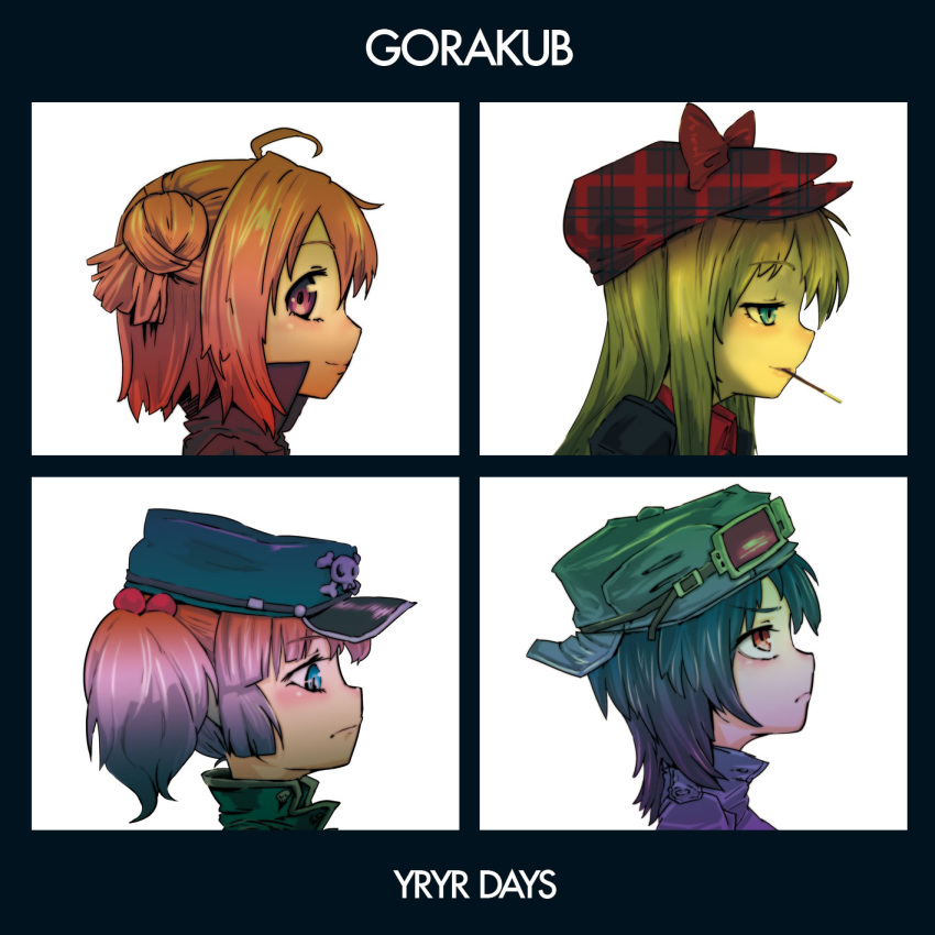 4girls ahoge akaza_akari album_cover album_cover_redraw annoyed bad_id bad_pixiv_id black_hair blonde_hair blue_eyes bow cover demon_days_(gorillaz) derivative_work food funami_yui goggles goggles_on_head gorillaz hair_bun hat hat_bow highres long_hair looking_at_viewer looking_up mouth_hold multiple_girls padvracteha parody pink_hair plaid pocky purple_eyes short_hair single_hair_bun toshinou_kyouko twintails white_background yoshikawa_chinatsu yuru_yuri