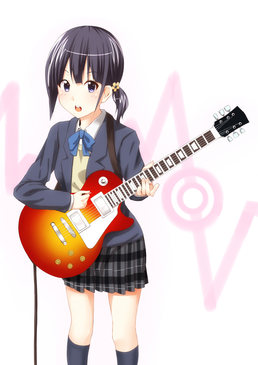 absurdres bad_id bad_pixiv_id black_hair blazer blue_eyes dacchi dress_shirt electric_guitar female guitar highres instrument jacket k-on! kokoro_connect mole mole_under_mouth nagase_iori ponytail sakuragaoka_high_school_uniform school_uniform shirt short_hair skirt solo toyosaki_aki voice_actor_connection white_shirt yamaboshi_private_high_school_uniform