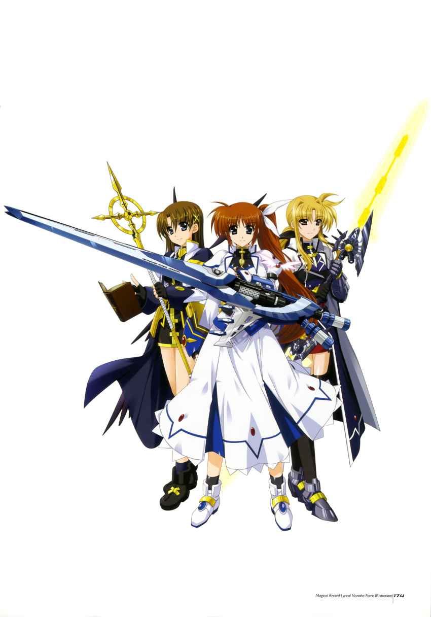 3girls absurdres bardiche_(nanoha) bardiche_(riot_blade_ii)_(nanoha) double-blade fate_testarossa higa_yukari highres long_hair lyrical_nanoha magical_girl mahou_senki_lyrical_nanoha_force multiple_girls ponytail raising_heart schwertkreuz side_ponytail staff strike_cannon takamachi_nanoha thighhighs tome_of_the_night_sky weapon yagami_hayate