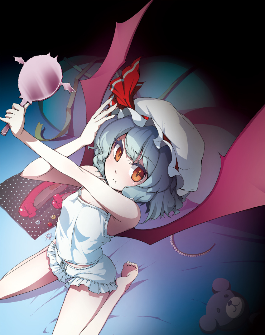 :t barefoot bat_wings bloomers blue_hair camisole commentary_request female hand_mirror hat hat_ribbon highres kabayaki_unagi looking_at_viewer mirror red_eyes remilia_scarlet ribbon sitting solo stuffed_animal stuffed_toy teddy_bear touhou underwear underwear_only wariza white_bloomers wings zytokine