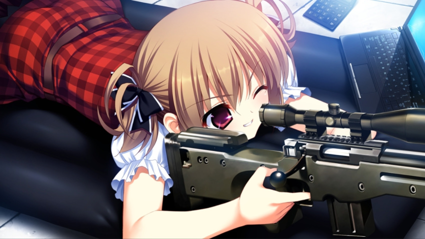 ai_arctic_warfare belt bolt_action bow computer dress female fumio_(ura_fmo) game_cg grin grisaia_(series) grisaia_no_kajitsu grisaia_no_meikyuu gun hair_ribbon hairbow irisu_makina laptop light_brown_hair looking_through_scope lying on_stomach one_eye_closed plaid plaid_dress puffy_short_sleeves puffy_sleeves ribbon rifle short_sleeves short_twintails smile sniper_rifle solo twintails weapon