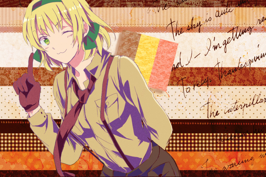 :3 axis_powers_hetalia bad_id bad_pixiv_id belgian_flag belgium_(hetalia) blonde_hair breast_pocket english_text female finger_wagging gloves green_eyes hair_ribbon jacket military_jacket necktie one_eye_closed pocket ribbon sasakama_(sasa-kamaboko) suspenders