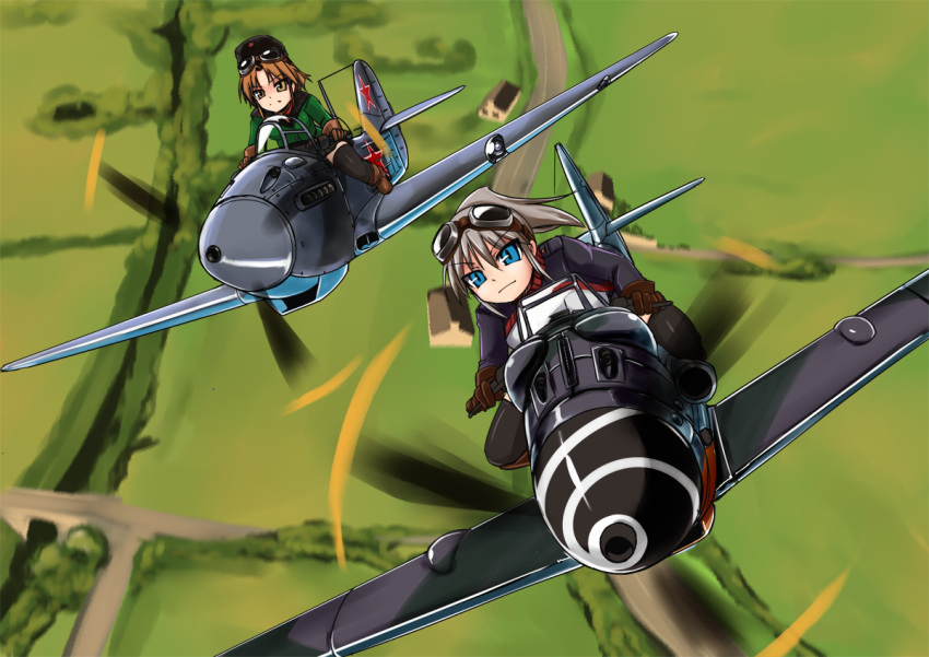 2girls aircraft airplane aviator_girls bf_109 boots braid brown_hair commentary flying from_above goggles goggles_on_head long_hair military multiple_girls original riding tokihama_jirou vehicle_focus world_war_ii yak-9