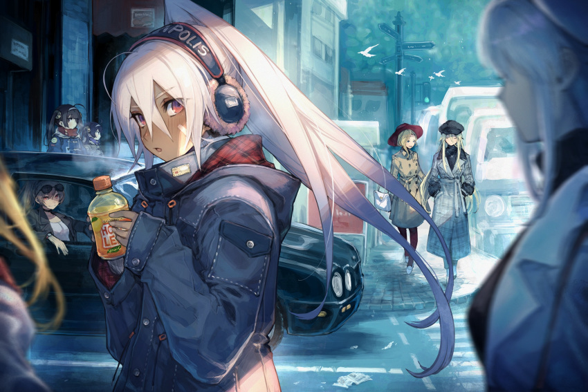 6+girls ahoge alternate_costume arm_rest azur_lane bag bandaid bandaid_on_face bird bismarck_(azur_lane) black_hair black_headwear blonde_hair blurry blush bottle brown_hair building buttons car casual character_name cleveland_(azur_lane) cleveland_(road_trip!)_(azur_lane) closed_eyes coat coco_ichibanya collarbone commentary_request crossed_legs crosswalk dark-skinned_female dark_skin day denim depth_of_field double-breasted drink driving enterprise_(azur_lane) eyewear_on_head fur-trimmed_coat fur_trim grey_coat grey_hair hair_between_eyes hairband handbag hands_in_pockets hat headphones high_ponytail highres holding holding_bag holding_bottle hood hood_(azur_lane) hooded_coat jean_bart_(azur_lane) jewelry lapels long_coat long_hair long_sleeves looking_at_viewer mephisto_(angraecum) minneapolis_(azur_lane) minneapolis_(wild_huntress_schoolgirl)_(azur_lane) motor_vehicle multiple_girls necklace ning_hai_(azur_lane) notched_lapels official_alternate_costume open_mouth orange_eyes outdoors ping_hai_(azur_lane) plaid ponytail red_eyes red_headwear road road_sign scarf shirt sidelocks sign smile street sunglasses traffic_light turtleneck walking watson_cross white_footwear white_hairband white_shirt window