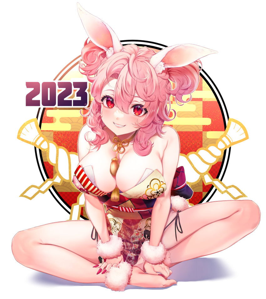 2023 absurdres animal_ear_fluff animal_ears bare_shoulders between_breasts breasts chinese_zodiac cleavage commentary_request feet female fingernails fur_trim grin hair_between_eyes highres hisayaki_kyuu indian_style japanese_clothes kimono large_breasts long_fingernails looking_at_viewer medium_hair new_year original partial_commentary pink_hair playboy_bunny rabbit_ears rabbit_tail red_eyes red_nails short_twintails sitting smile tail tassel twintails v_arms wa_bunny year_of_the_rabbit