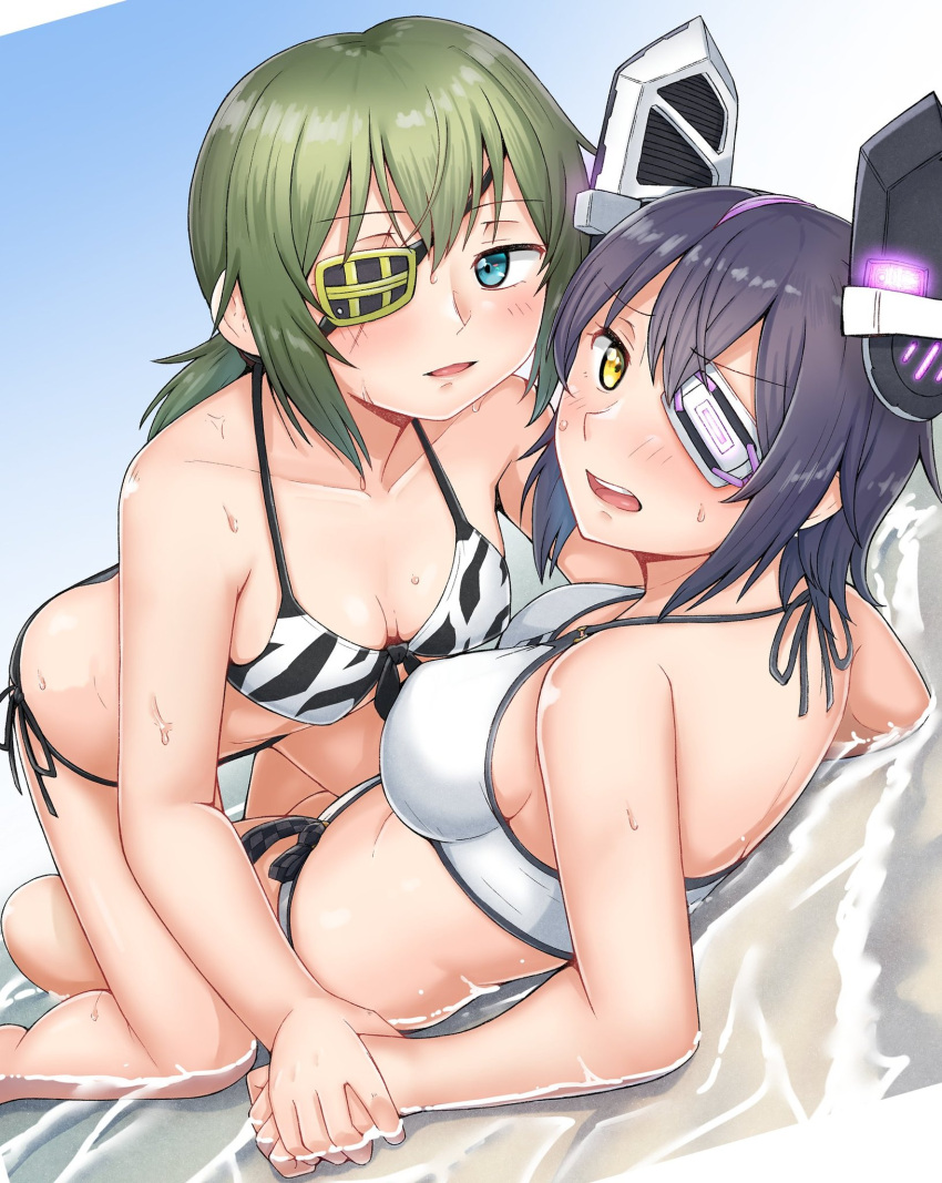 2girls all_fours animal_print bikini blue_hair breasts cleavage commentary_request eyepatch green_eyes green_hair headgear highres kantai_collection kiso_(kancolle) large_breasts looking_at_viewer lying medium_breasts multiple_girls official_alternate_costume onguuchi outdoors purple_hair short_hair side-tie_bikini_bottom swimsuit tenryuu_(kancolle) tenryuu_(swimsuit_mode)_(kancolle) tiger_print white_bikini yellow_eyes yuri