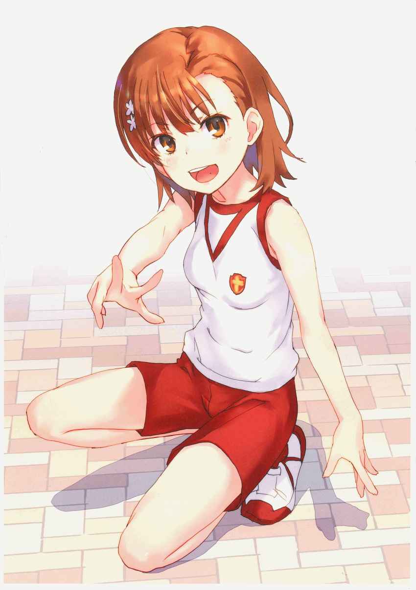 :d absurdres bare_arms bare_shoulders blush breasts brown_eyes brown_hair emblem female flower full_body gym_shirt gym_shorts gym_uniform hair_flower hair_ornament head_tilt herringbone highres looking_at_viewer medium_hair misaka_mikoto open_mouth pavement purple_flower raika9 red_shorts round_teeth school_emblem shirt shoes short_shorts shorts sleeveless sleeveless_shirt small_breasts smile solo sportswear squatting teeth toaru_kagaku_no_railgun toaru_kagaku_no_railgun_t toaru_majutsu_no_index tokiwadai_school_gym_uniform twitter_username upper_teeth_only v v-shaped_eyebrows white_background white_flower white_footwear white_shirt