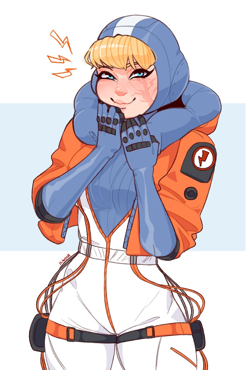 apex_legends blonde_hair blue_bodysuit blue_eyes blue_gloves blue_headwear bodysuit commentary elbow_gloves female gloves highres hood hooded_bodysuit hooded_jacket ilwha jacket looking_at_viewer orange_jacket ribbed_bodysuit scar scar_on_cheek scar_on_face smile solo thigh_strap wattson_(apex_legends) white_bodysuit