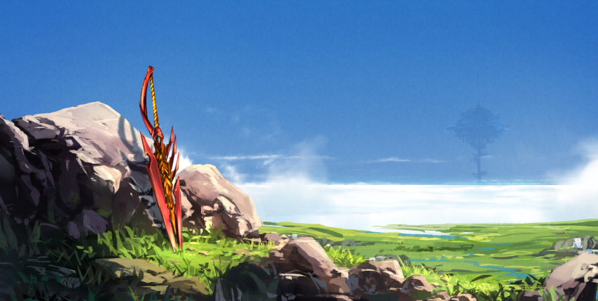 absurdres aegis_sword_(xenoblade) bad_id bad_twitter_id day grass highres landscape no_humans outdoors poteto_(potetosarada123) rock scenery shadow sky tree xenoblade_chronicles_(series) xenoblade_chronicles_2 yggdrasil