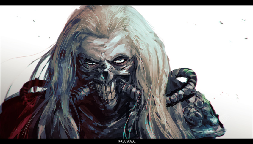 1boy artist_name blonde_hair blood blood_on_clothes commentary_request gas_mask gradient_background grey_eyes half-closed_eye immortan_joe k-suwabe letterboxed long_hair looking_at_viewer mad_max mad_max:_fury_road male_focus mask portrait solo teeth white_background