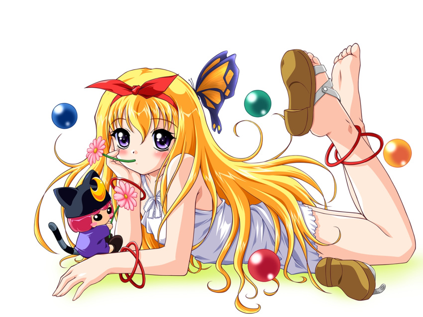 anklet barefoot blonde_hair blush bracelet bug butterfly dress feet female fifth flat_chest flower hairband hands highres jewelry legs legs_up long_hair lying mana_(fifth) mouth_hold nonohara_miki on_stomach purple_eyes sandals shoes single_shoe soles solo toes