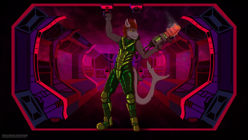 16:9 absurd_res anthro armor burn cold criegrrunov electricity electro_swing eletric fantasy fish futuristic futuristic_armor ginger great_white_shark gun hair hi_res holding_gun holding_object holding_ranged_weapon holding_weapon machine mackerel_shark male marine narrowed_eyes neon neon_colors neon_lights orange_eyes orange_hair ranged_weapon retro science_fiction shark solo space space_marine space_station spacecraft spaceship_interior vehicle weapon white_shark widescreen