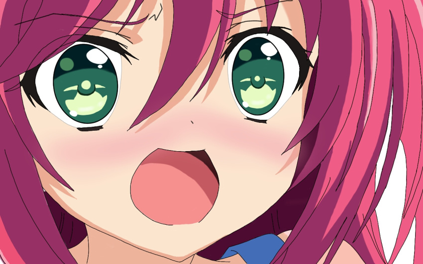 bare_shoulders blush close-up commentary douraku_utage female green_eyes hair_between_eyes happy nose_blush open_mouth ore_no_nounai_sentakushi_ga_gakuen_love-comedy_wo_zenryoku_de_jama_shiteiru ragom simple_background smile solo white_background