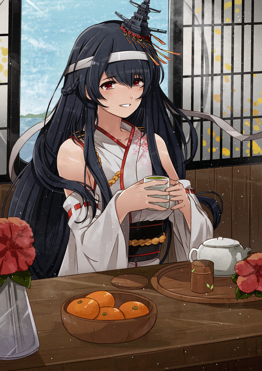 absurdres black_hair braid commission cup detached_sleeves female flower food fruit fusou_(kancolle) fusou_kai_ni_(kancolle) hairband half_up_half_down_braid headgear highres holding holding_cup japanese_clothes kanmiya_shinobu kantai_collection kimono long_hair nontraditional_miko parted_lips red_eyes ribbon-trimmed_sleeves ribbon_trim sash sitting skeb_commission sky smile sunlight table teacup very_long_hair window wooden_table