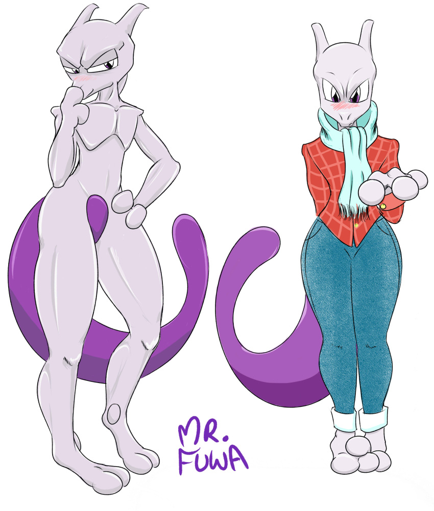 absurd_res ambiguous_gender anthro barefoot big_legs blush bottomwear clothing denim denim_bottomwear denim_clothing duo feet generation_1_pokemon hi_res jeans legendary_pokemon looking_at_viewer mewtwo mr_fuwa nintendo pants pokemon pokemon_(species) pose purple_body purple_eyes scarf shirt thick_thighs topwear