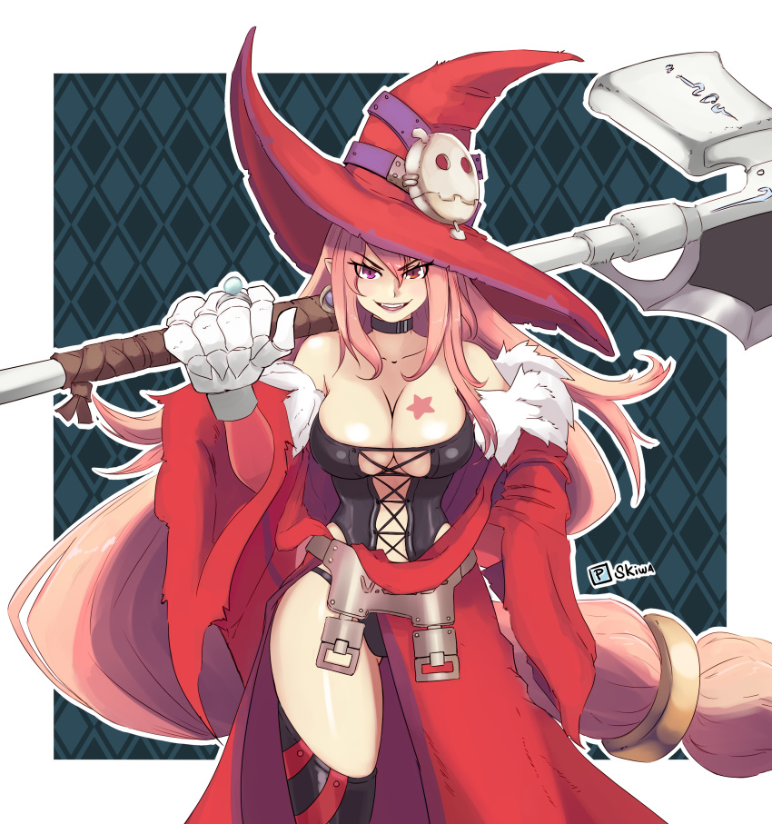 absurdres artist_name axe black_leotard breasts chief_(skiwa) cleavage commentary_request fangs female hair_between_eyes hat heterochromia highres large_breasts leotard long_hair low-tied_long_hair luminous_arc open_mouth pink_hair pointy_ears purple_eyes red_eyes smile solo vanessa_(luminous_arc) very_long_hair weapon witch witch_hat