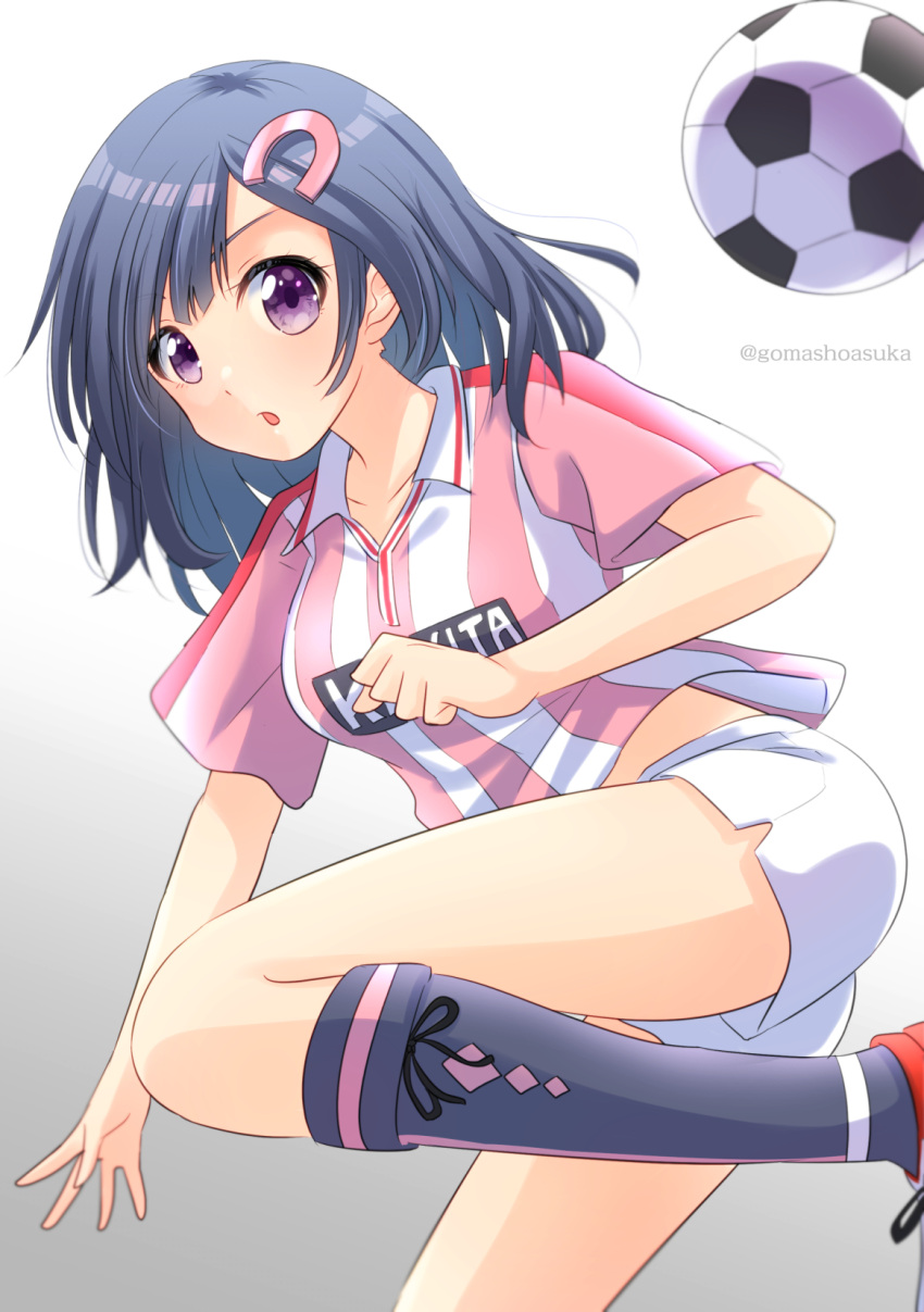 :o argyle_clothes argyle_legwear ball black_hair black_socks diamond_(shape) female gomasho_asuka hair_ornament hairclip highres kijiyama_north_high_school kneehighs long_hair looking_at_viewer mai_ball! miyano_mai pants pink_stripes purple_eyes shirt short_sleeves simple_background soccer_ball soccer_uniform socks solo sportswear standing standing_on_one_leg striped_clothes striped_shirt twitter_username vertical-striped_clothes vertical-striped_shirt white_pants