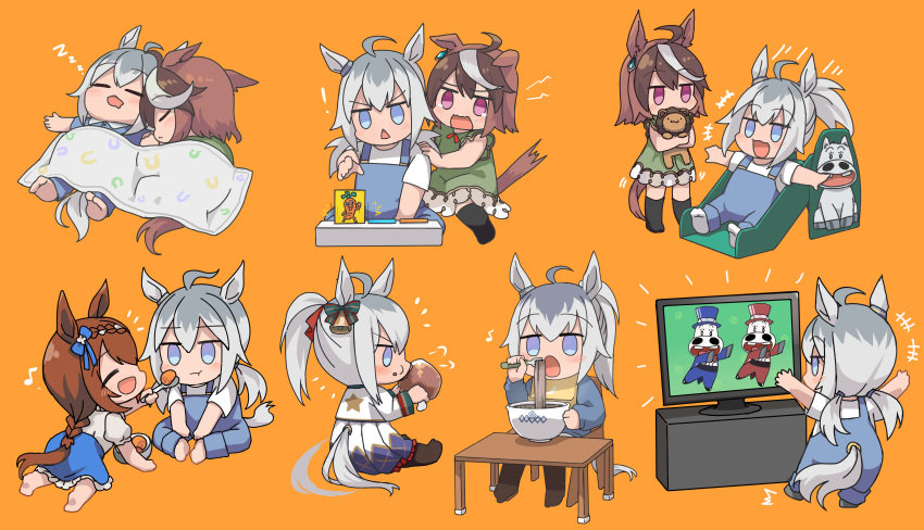 ! +++ 3girls absurdres ahoge animal_ears baby barefoot bib blanket blue_eyes blue_skirt braid brown_hair chair chicken_(food) chicken_leg closed_eyes crawling dress drooling earrings eating eighth_note feeding food fork green_dress highres horse_ears horse_girl horse_tail jewelry jitome kusanagi_kaoru midori_makibaoo midori_no_makibaoo mouth_drool multiple_girls multiple_views musical_note noodles notice_lines oguri_cap_(umamusume) open_mouth orange_background overalls ponytail purple_eyes shared_blanket shirt simple_background single_earring sitting skirt sleeping slide spoon stiff_tail stuffed_animal stuffed_lion stuffed_toy super_creek_(umamusume) symboli_rudolf_(umamusume) table tail television triangle_mouth umamusume white_shirt zzz