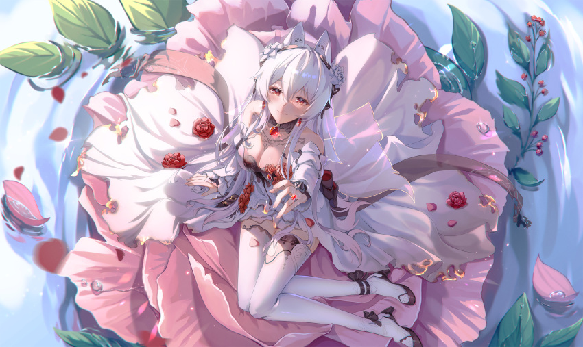 animal_ear_hairband animal_ears azuria03 bare_shoulders bat_tattoo breasts bridal_veil burning_clothes chest_tattoo cleavage commentary_request detached_sleeves dress fake_animal_ears female flower from_above hair_between_eyes hairband highres honkai_(series) honkai_impact_3rd jewelry large_breasts long_dress official_alternate_costume official_art outstretched_arm red_eyes ring sitting smile solo tattoo theresa_apocalypse theresa_apocalypse_(luna_kindred) theresa_apocalypse_(lunar_vow:_crimson_love) theresa_apocalypse_(till_death_do_us_part)_(honkai_impact) thighhighs thighs veil water white_dress white_flower white_hair white_sleeves white_thighhighs white_veil yokozuwari