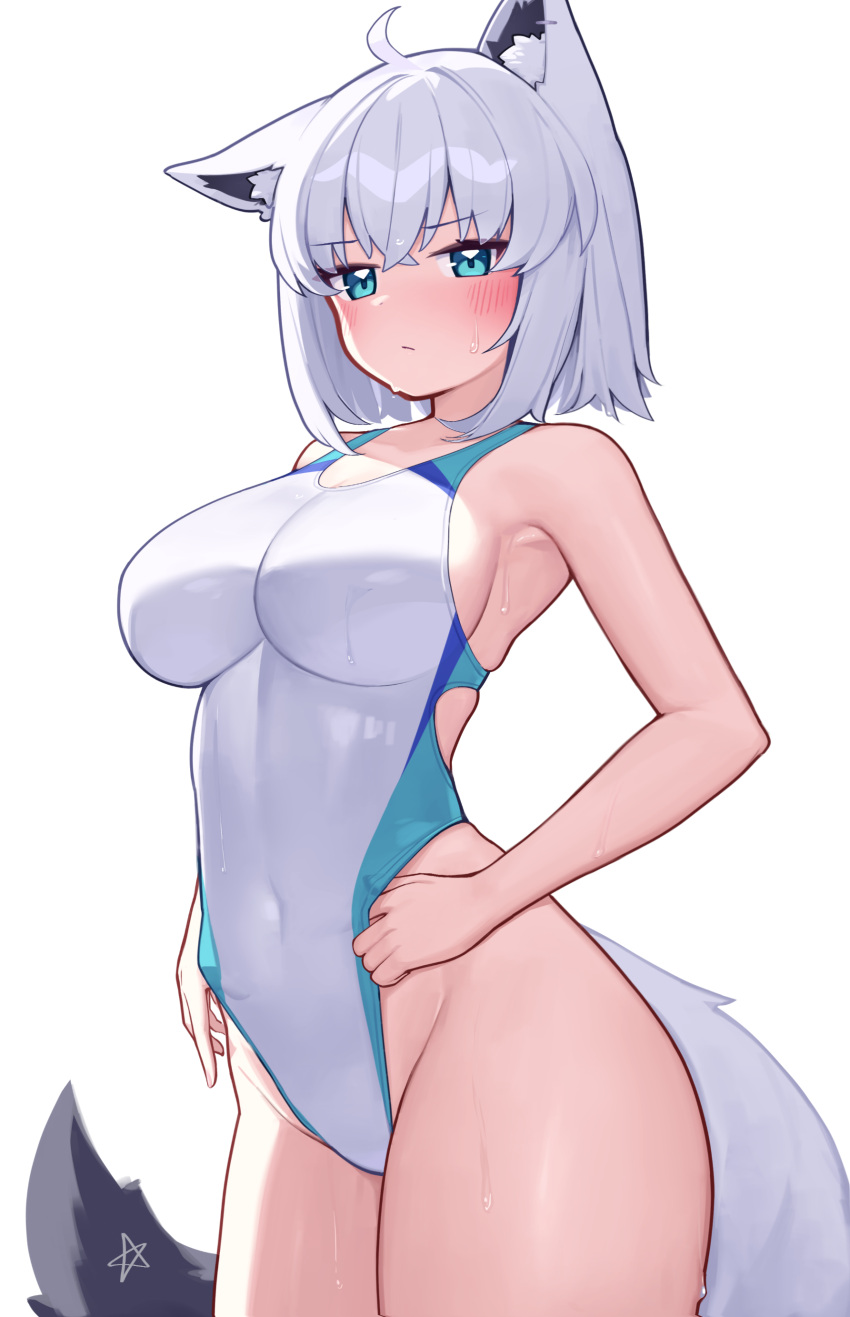 absurdres ahoge animal_ear_fluff animal_ears blue_eyes blush breasts closed_mouth covered_navel cowboy_shot deaver female fox_ears fox_girl fox_tail highres hololive large_breasts looking_at_viewer one-piece_swimsuit shirakami_fubuki short_hair simple_background solo swimsuit tail white_background white_hair white_one-piece_swimsuit