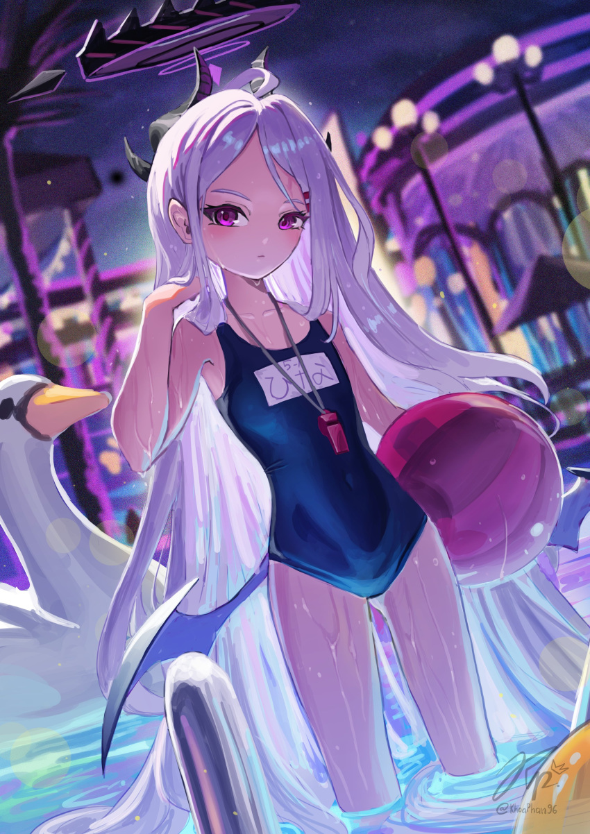 absurdres ahoge ball bare_arms bare_shoulders blue_archive blue_one-piece_swimsuit blush closed_mouth covered_navel cowboy_shot demon_horns demon_wings female flat_chest hair_ornament hairclip halo highres hina_(blue_archive) hina_(swimsuit)_(blue_archive) holding horns khoaphan96 long_hair looking_at_viewer low_wings multiple_horns name_tag night night_sky official_alternate_costume old_school_swimsuit one-piece_swimsuit parted_bangs pool pool_ladder purple_eyes purple_wings school_swimsuit sky solo standing swan_boat swimsuit very_long_hair wading water watercraft wet whistle whistle_around_neck white_hair wings