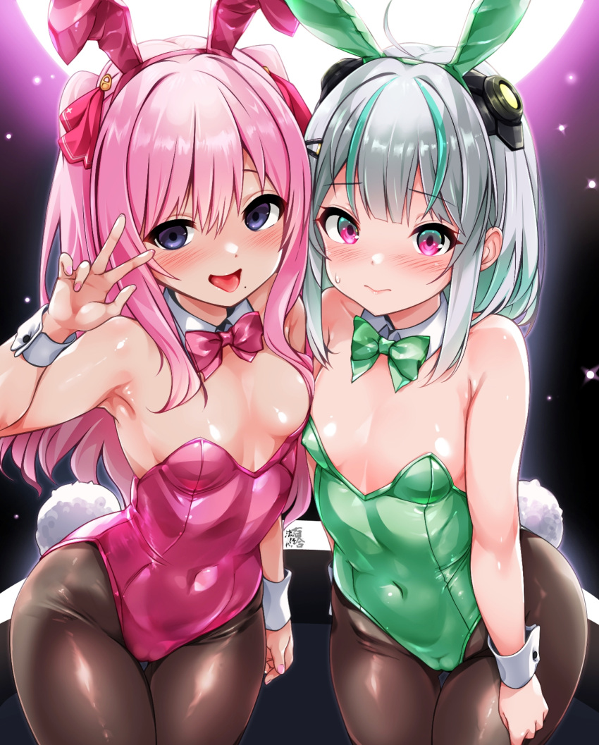 2girls admi_(nikke) alternate_costume animal_ears bare_shoulders black_eyes blush bow bowtie breasts closed_mouth commentary_request detached_collar fake_animal_ears goddess_of_victory:_nikke green_bow green_bowtie green_hair green_leotard grey_hair highres kemoyuri leotard long_hair looking_at_viewer mole mole_under_mouth multicolored_hair multiple_girls open_mouth pink_bow pink_bowtie pink_eyes pink_hair pink_leotard playboy_bunny rabbit_ears small_breasts two-tone_hair v yuni_(nikke)